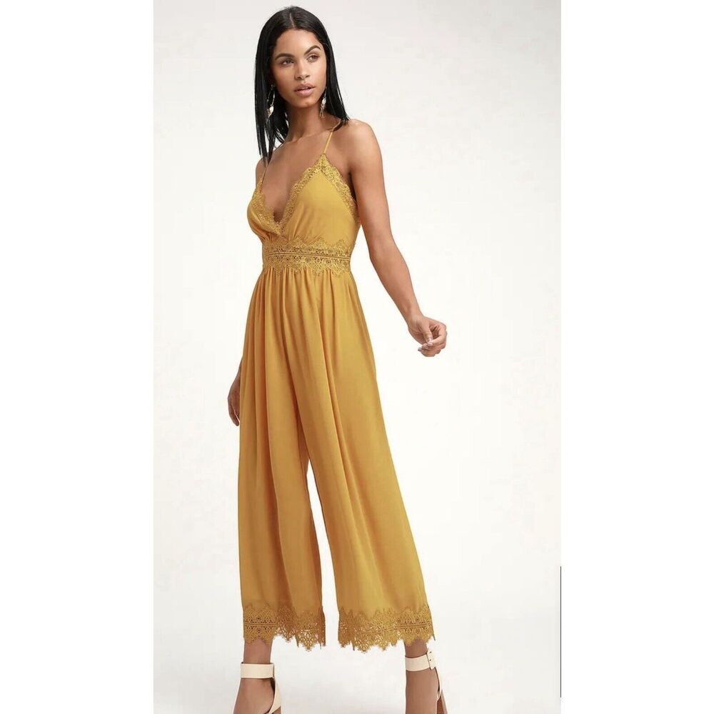 Lulus Sunny Day Dream Lace Culotte Jumpsuit- XS- Yellow